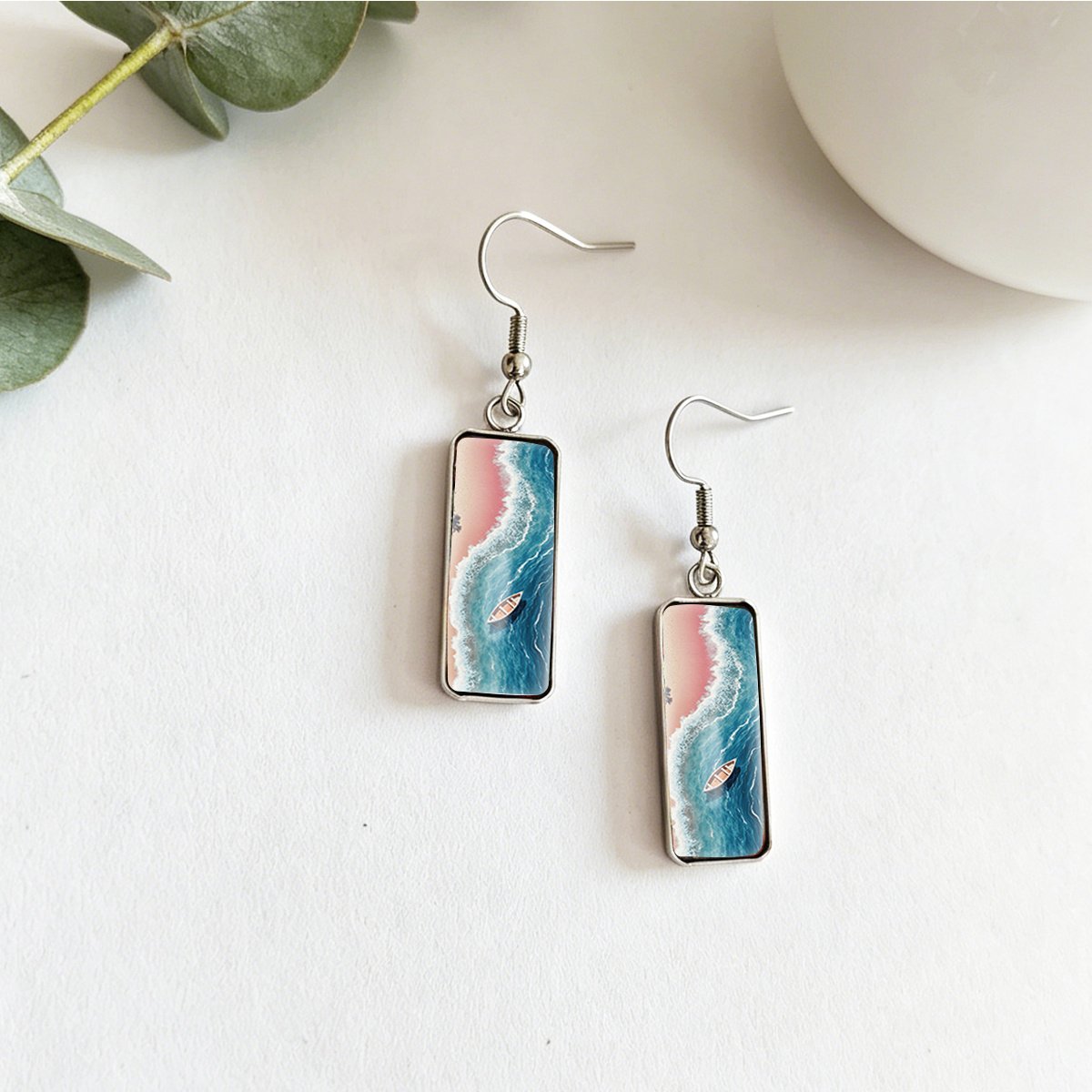 Small Boat on The Sea Beach Dangle Earrings, Trendy Gift